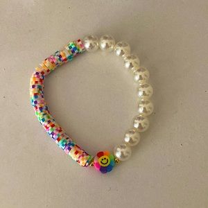 Rainbow and pearl and clay flower clay bead bracelet